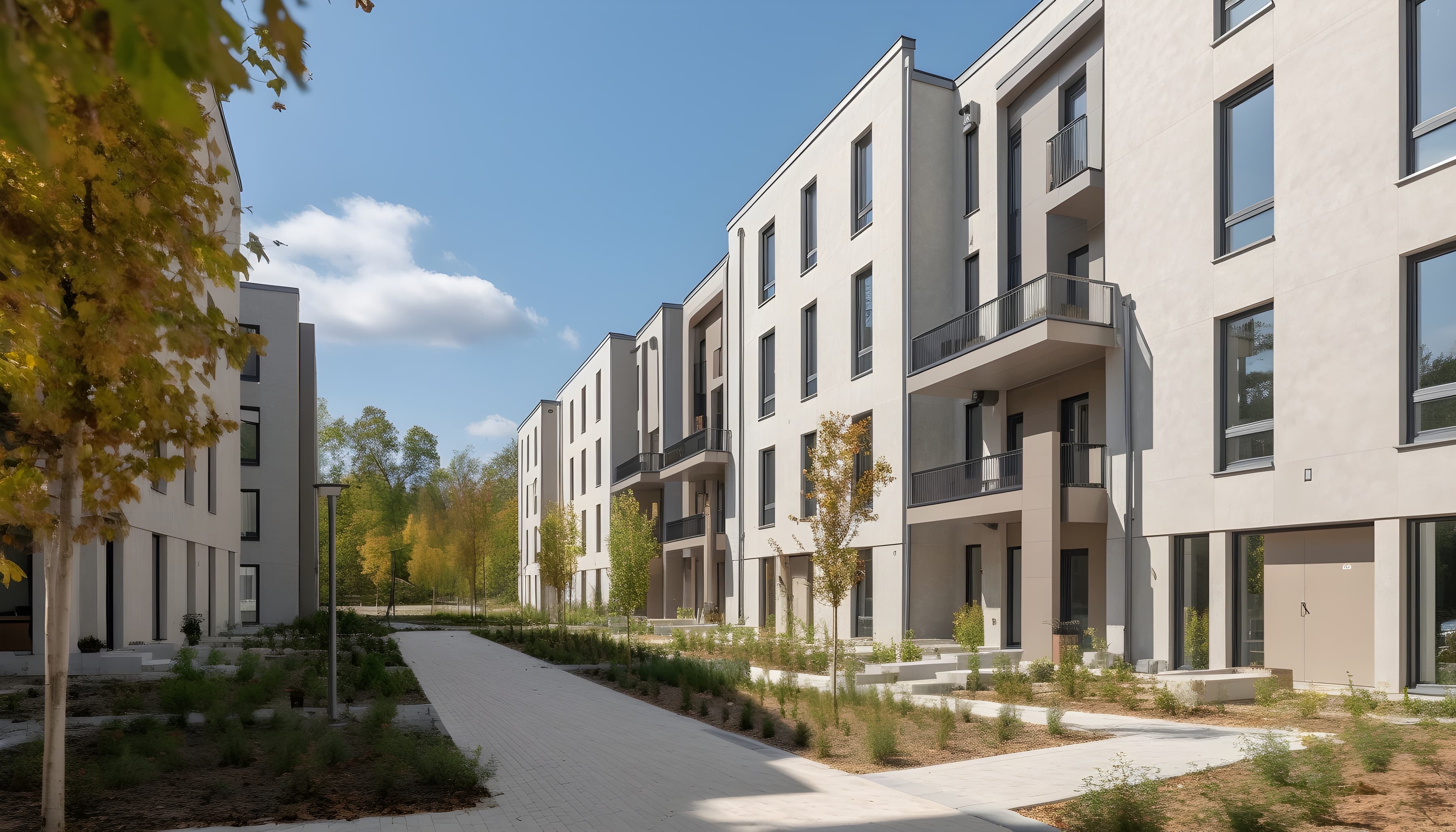 Moderne Neubau-Wohnanlage mit Mehrfamilienhäusern und Balkonen bei blauem Himmel