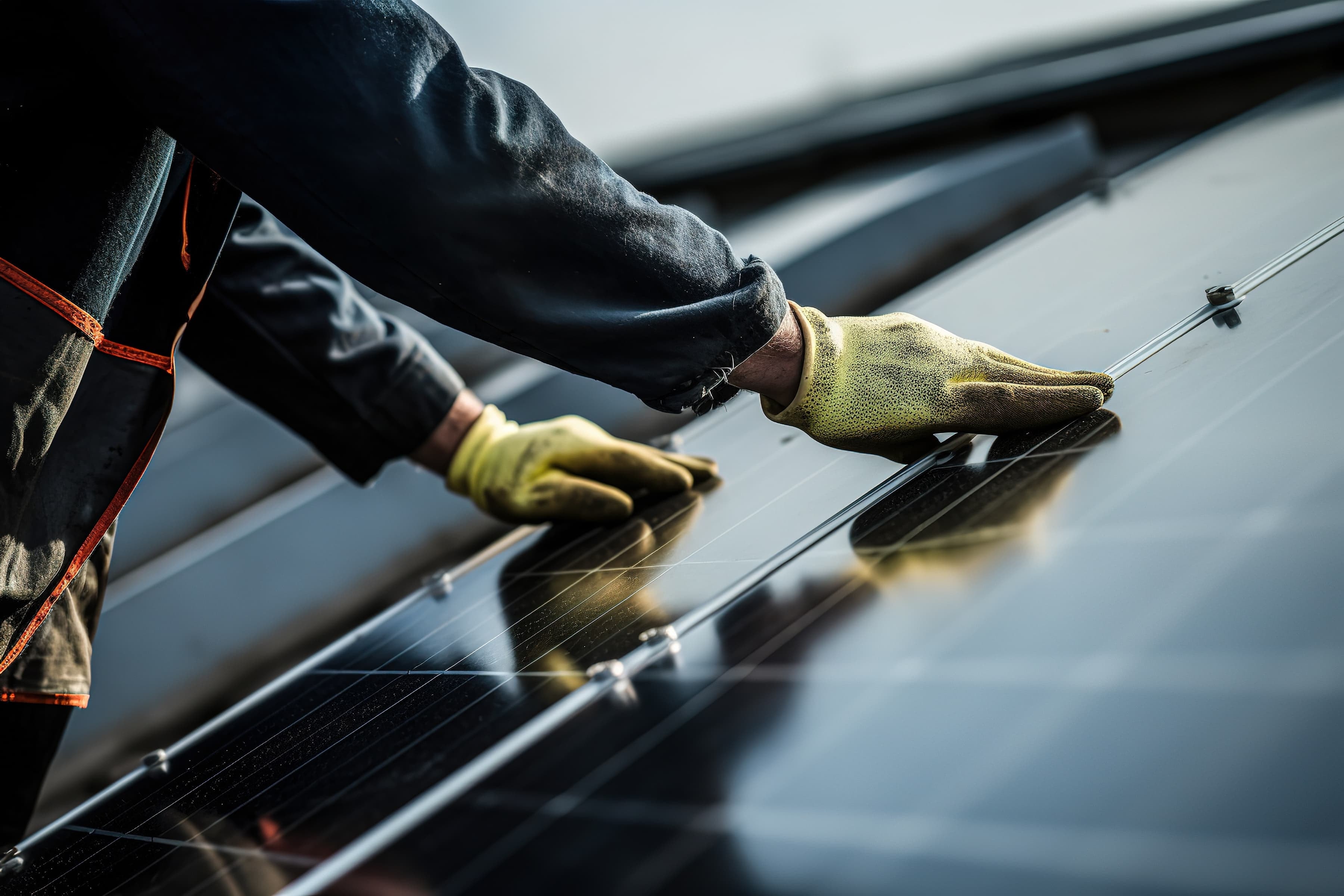 Handwerker montiert mit Schutzhandschuhen Solarmodule zur Photovoltaik-Installation auf dem Dach